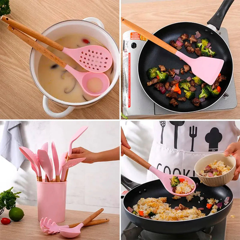 Kit Utensílios de Silicone para Cozinha 12 Peças Cabo Madeira