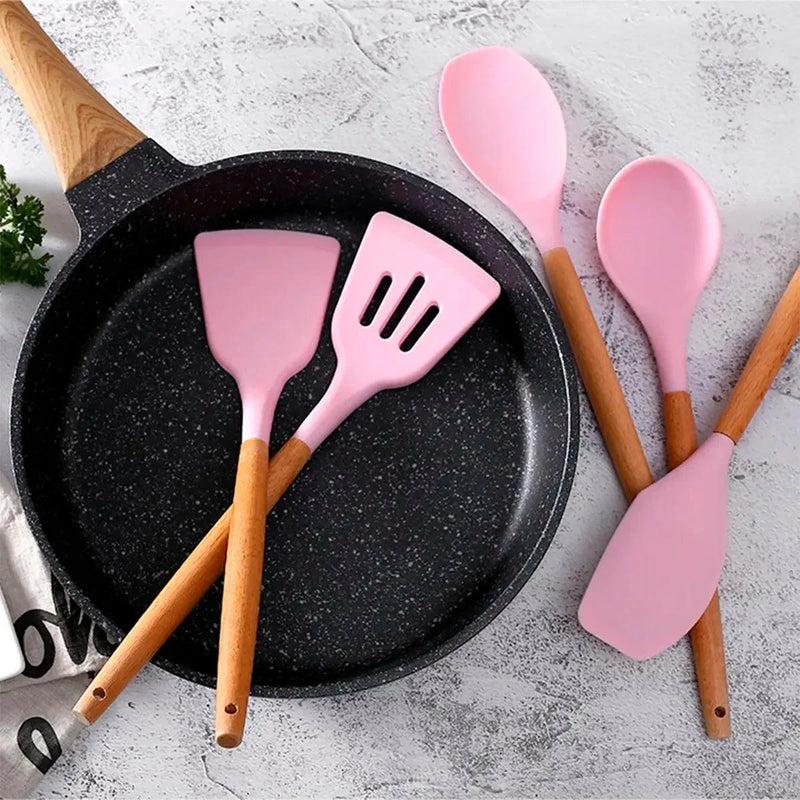 Kit Utensílios de Silicone para Cozinha 12 Peças Cabo Madeira