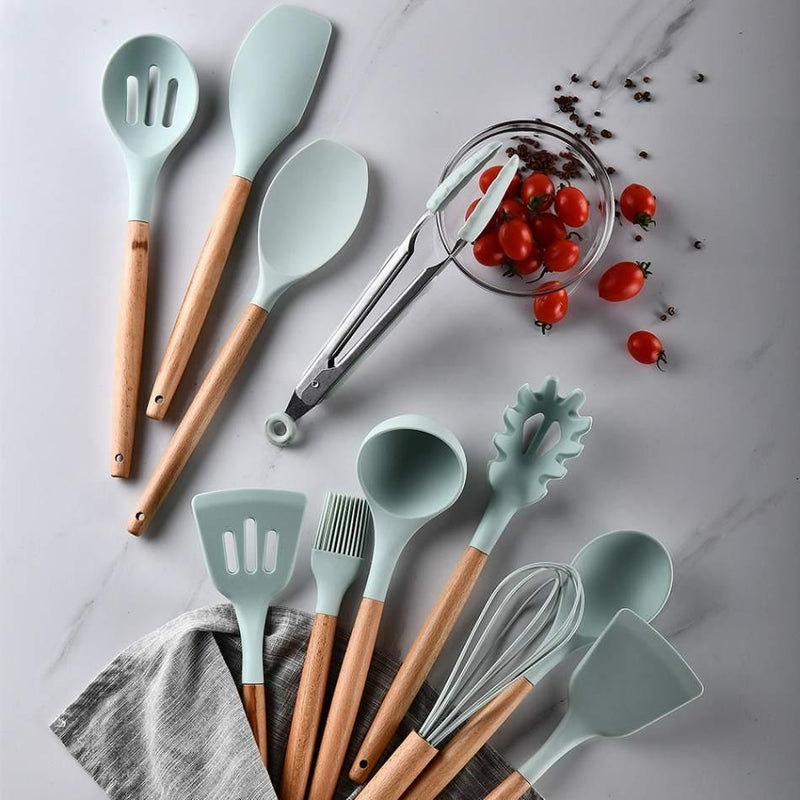 Kit Utensílios de Silicone para Cozinha 12 Peças Cabo Madeira