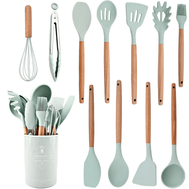 Kit Utensílios de Silicone para Cozinha 12 Peças Cabo Madeira