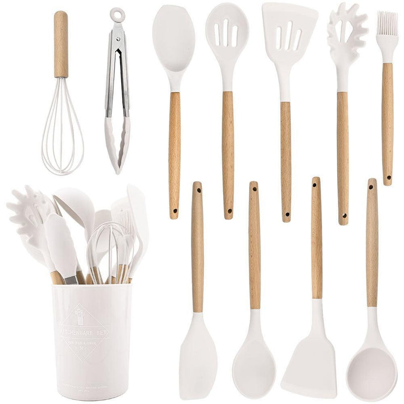 Kit Utensílios de Silicone para Cozinha 12 Peças Cabo Madeira