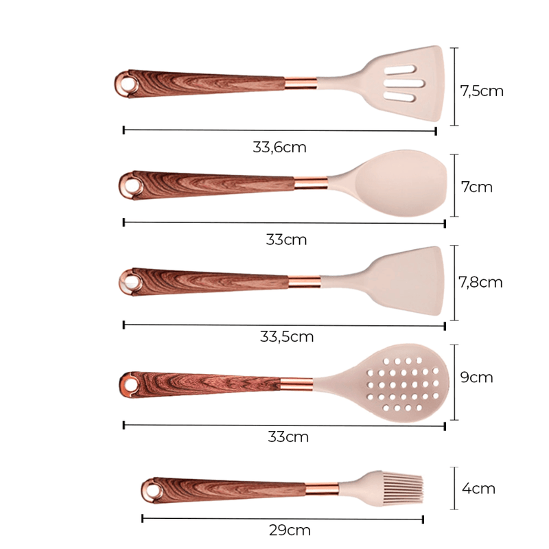 Kit Utensílios de Silicone para Cozinha 6 ou 10 Peças Rose Gold